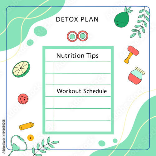 Healthy living detox plan template featuring nutrition tips and workout schedule with whimsical health icons and organic design elements