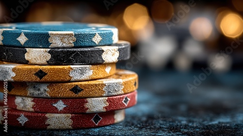 Close-up of stacked casino chips in vibrant orange, red, and light blue colors, set against a blurred dark blue background with soft white highlights