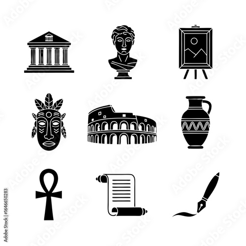 Ancient history icons with monuments, statues, columns, and historical building designs.