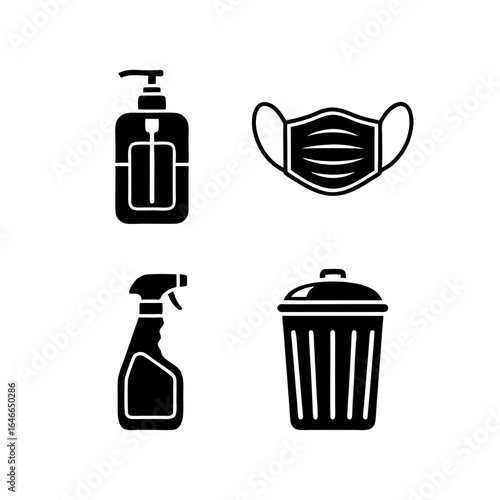 Hygiene and personal care icons with soap dispenser, face mask, cleaning spray, and trash bin.