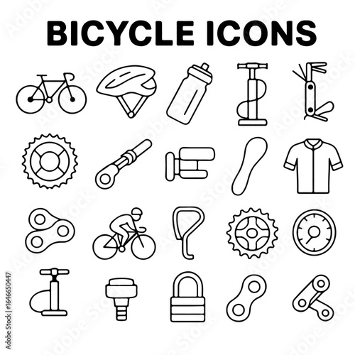 A comprehensive collection of meticulously crafted bicycle icons, essential elements for cycling enthusiasts and informative graphic design, presented against a clean, unobtrusive backdrop.
