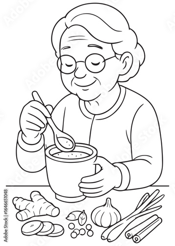 coloring book page of grandmother mixing spice paste in a bowl with ginger, garlic and cinnamon