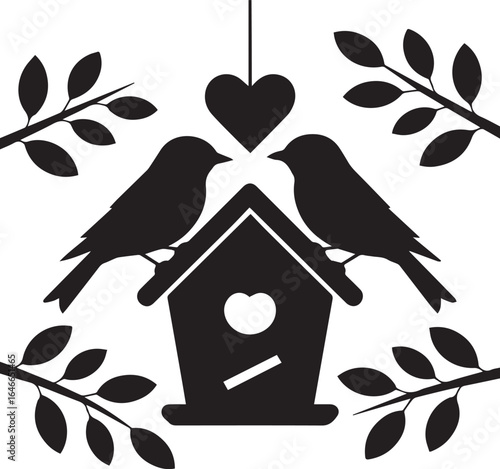 Silhouetted love birds perched on a birdhouse under a heart