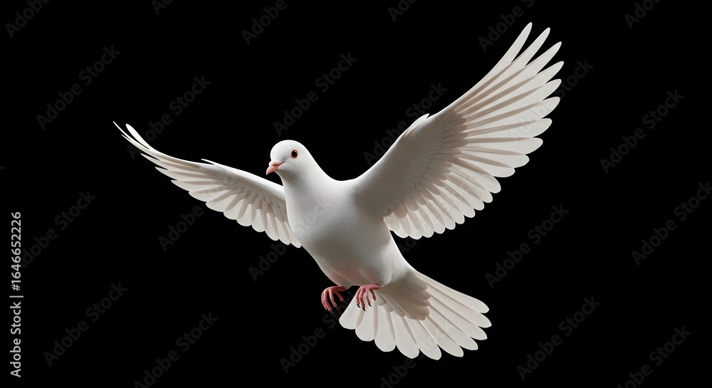 Obraz premium Realistic White Dove Flying with Spread Wings Against Black Background Animal