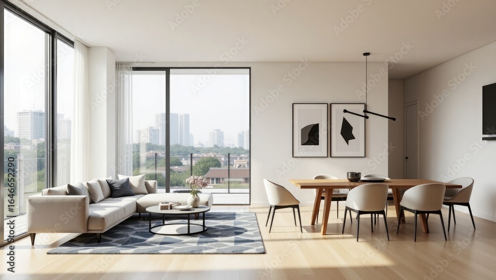 Fototapeta premium Modern living room and dining area with city view dining room 1