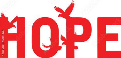 HOPE Typography Illustration Featuring Red Capital Letters with Flying Bird Silhouettes Integrated into Each Character for Inspirational, Emotional, and Graphic Design Concepts