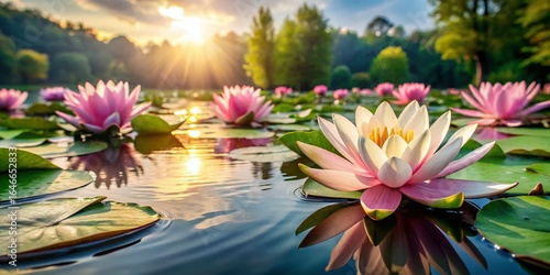 Serene Lotus Pond: Peaceful Meditation Scene, Tranquil Water, Blooming Lotus Flowers