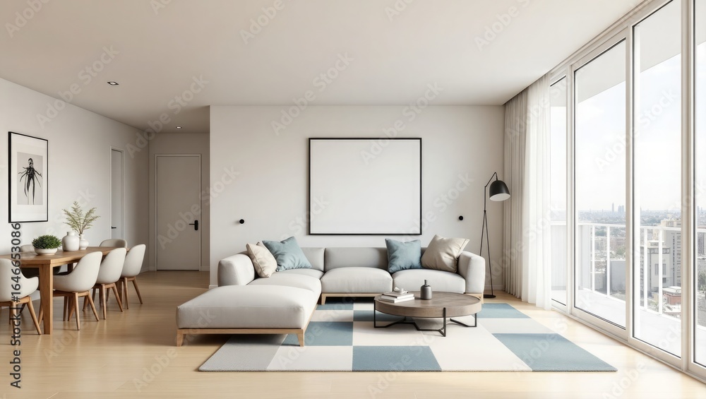 Fototapeta premium Modern living room with sectional sofa and dining area