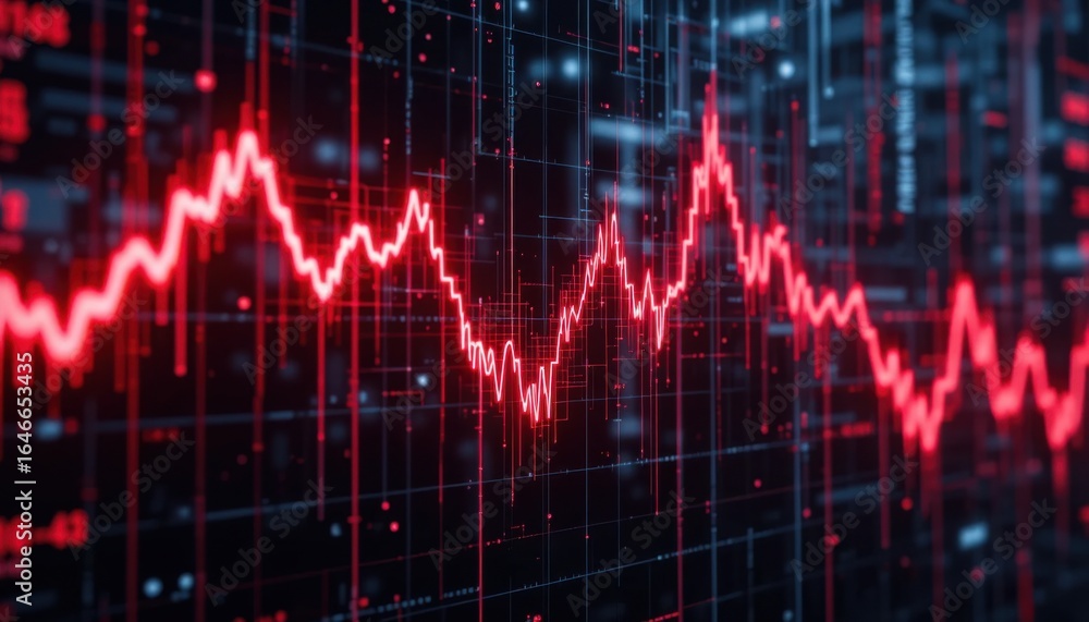 Falling stock market red line graph with glitch effects, cyberpunk aesthetic, high detail Falling stock market red line graph with glitch effects, cyberpunk aesthetic, high detail