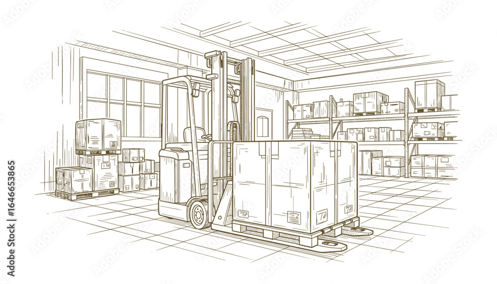Obraz premium Forklift in warehouse carrying boxes. Hand drawn sketch vector illustration.