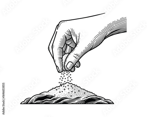Engraving style hand sprinkling fine substance, salt or sugar, on mound. Vector Illustration.
