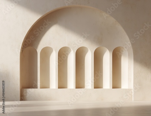 Sunlit beige alcove with arched recess and five smaller arched niches below, minimalist design