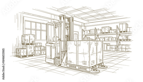 Forklift in warehouse carrying boxes. Hand drawn sketch vector illustration.