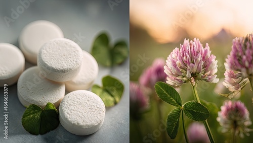 Wallpaper Mural White, round solid cleansing tablets beside clover leaves juxtaposed with a close-up of pink clover blossoms in a sunlit field Torontodigital.ca