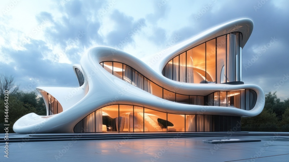 Fototapeta premium Futuristic house exterior at twilight, modern architecture, tranquil landscape