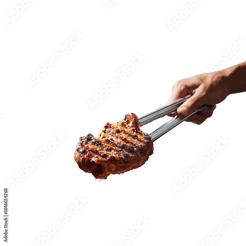 a realistic photo of a hand gripping a tongs while holding a meat grilling on a grill white background