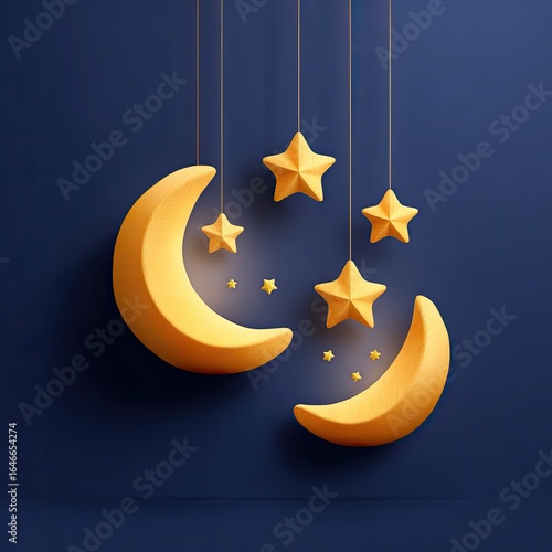 Gold crescent moons and stars on navy backdrop