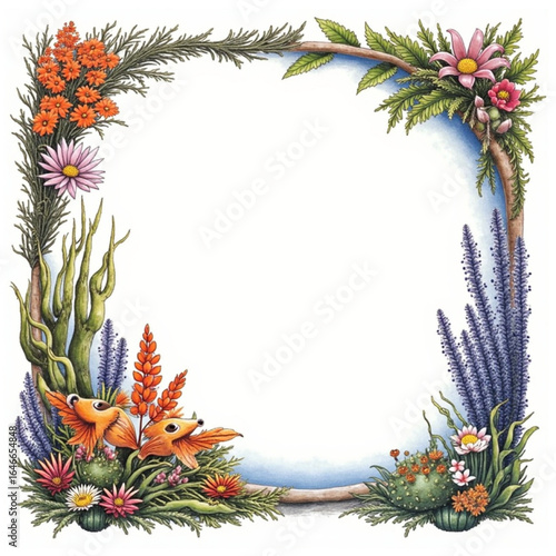 sea life design, aquatic artwork, oceanic frame, fantasy sea border, marine animals art, 