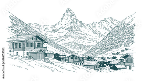 Hand drawn alpine village nestled beneath the Matterhorn mountain. Engraving style chalets. Vector Illustration.