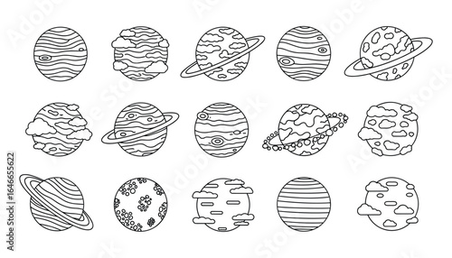 Hand drawn set of various outline planet illustrations with rings, stripes, and clouds. Vector design.