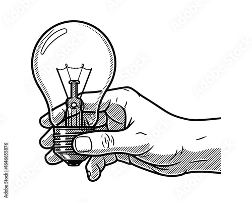 Hand Holding a light bulb. Represents concept ideas graphic style drawing. Vector Illustration.