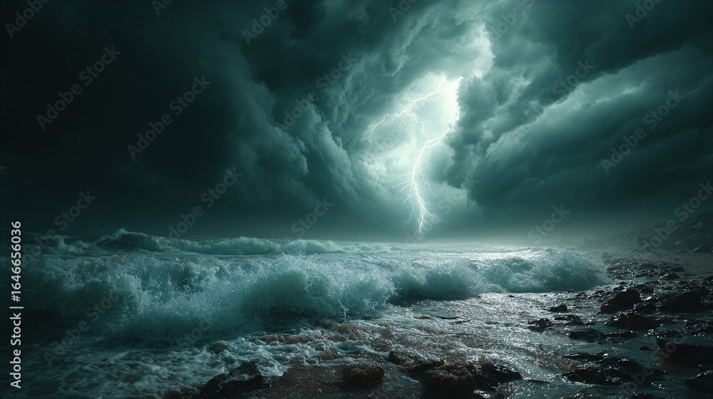 Fototapeta premium A stormy sky over the ocean with a lightning bolt in the sky.