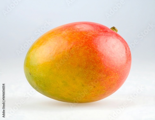 Ripe mango, red-orange and yellow hues, rests on a plain white background