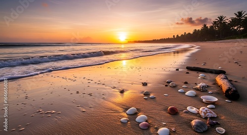 Naturist golden Sunset Beach Scene with Seashells Driftwood and Palm Trees Silhouette.