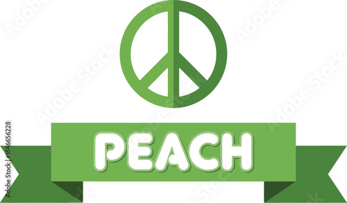 A green peace symbol above a banner with the word peach on it flat