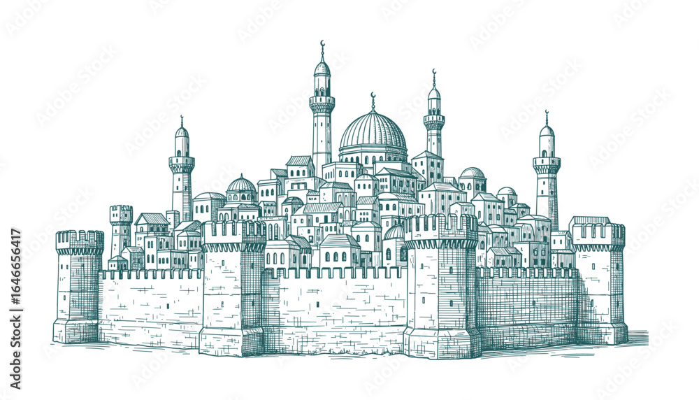 Obraz premium Hand-drawn sketch illustration of an old citadel city with defensive walls, minarets, and a central dome, vector format.