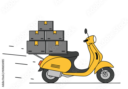 A vibrant scooter swiftly delivers stacked boxes. Modern, flat design illustration for delivery services. Clean, dynamic composition.
