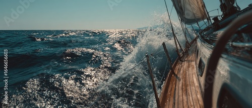 A sailboat cuts through choppy seas on a sunny day