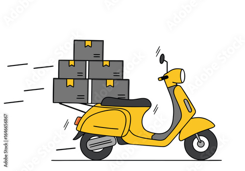 A vibrant scooter swiftly delivers stacked boxes. Modern, flat design illustration for delivery services. Clean, dynamic composition.
