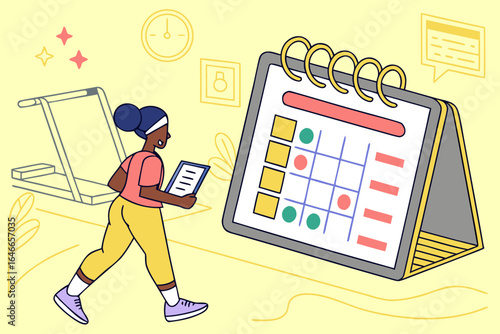 A woman plans her fitness routine using a calendar and tablet with a treadmill in the background symbolizing healthy habits and goal setting