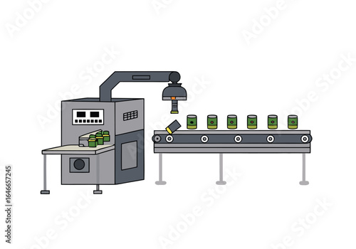 Robotic arm dismantles batteries on a conveyor belt. Industrial automation, clean lines, and a modern factory setting. Vector illustration.
