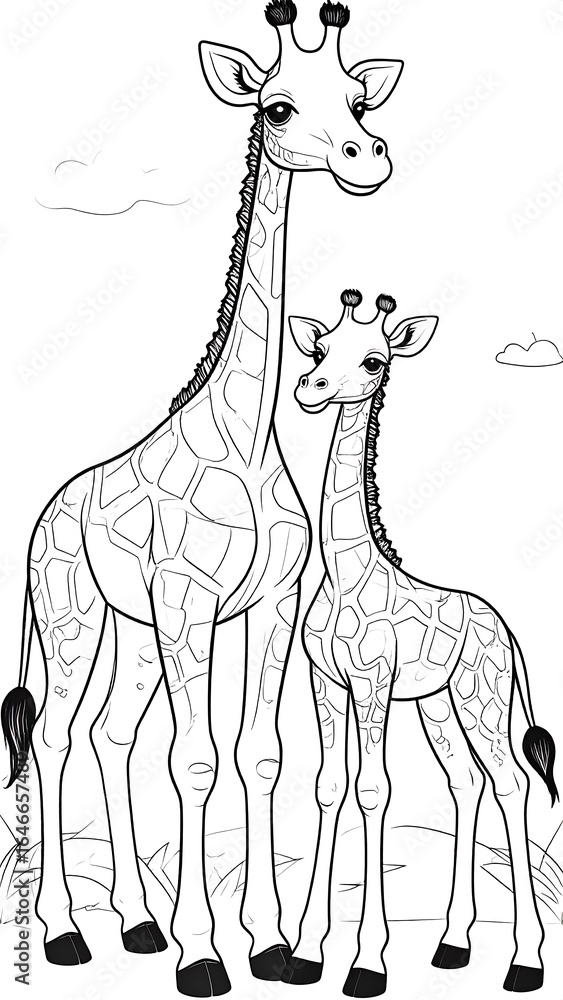 Fototapeta premium Giraffe mother and baby coloring page