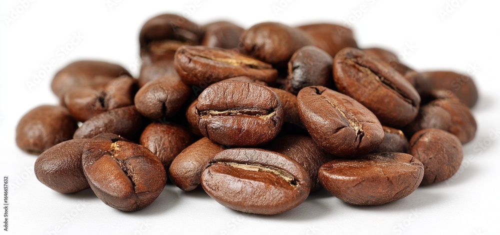 Obraz premium Roasted coffee beans piled high on white background
