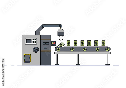 Robotic arm dismantles batteries on a conveyor belt. Industrial automation, clean lines, and a modern factory setting. Vector illustration.
