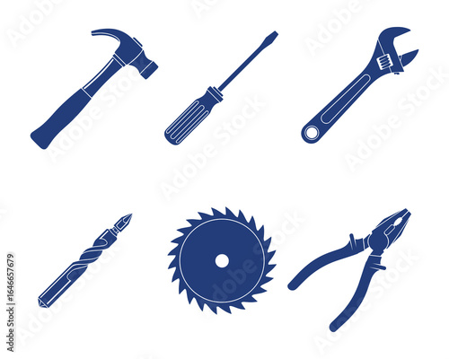 Isolated blue construction tools set includes hammer, screwdriver, wrench, drill bit, saw blade, and pliers. Vector Illustration