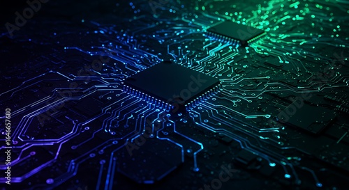 High-Tech Circuit Board Close-Up of Microprocessors and Complex Electronics