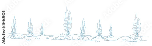 Minimalist style outline illustration of seaweed clusters and rocks on seabed, featuring marine plants. Vector Illustration