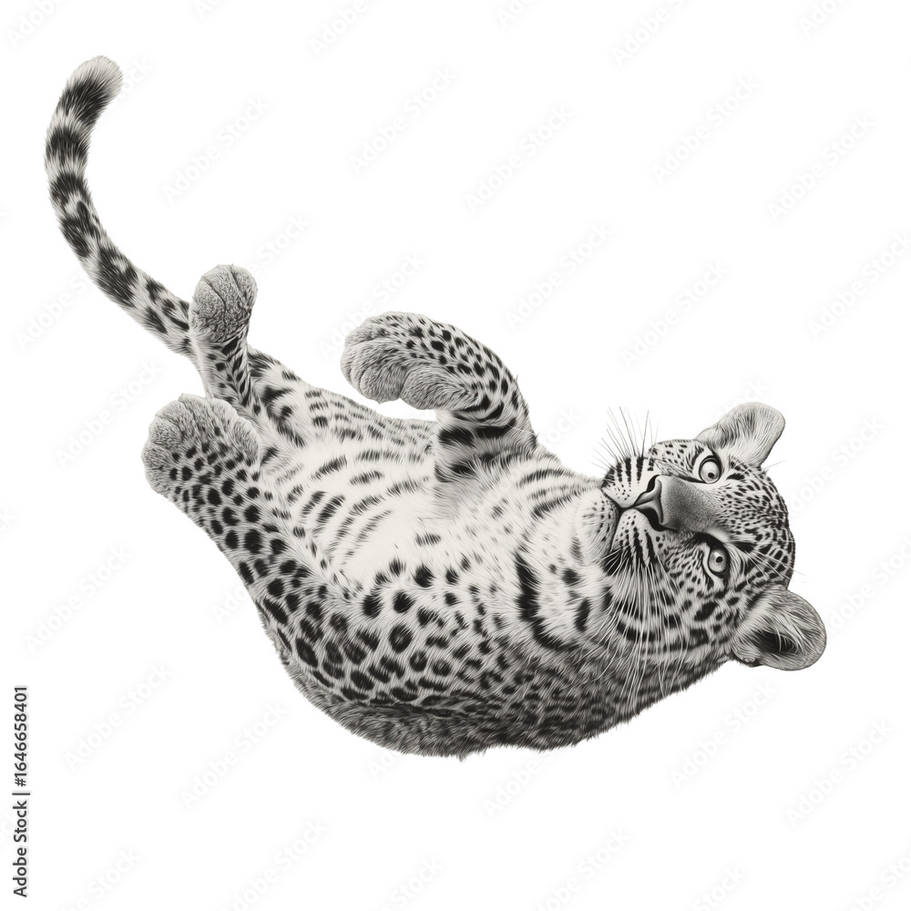 Obraz premium black and white photograph of a leopard in a playful, mid-air pose legs slightly curled, tail curved upward on transparent background