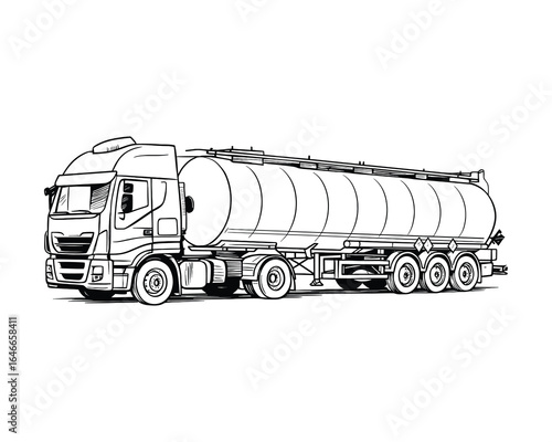 Monochrome detailed ink drawing of a tanker truck for transporting goods. Heavy vehicle illustration.
