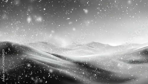 Monochrome snowscape; gently rolling hills under a softly falling snow, dark sky, tranquil mood