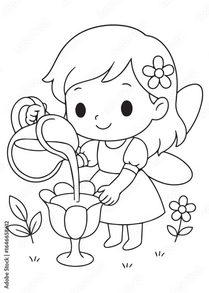 Obraz premium Coloring book page of a fairy pouring juice into a glass, smiling, kawaii style