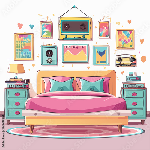 Soft 90s bedroom scene in pastels with retro tech, music cassettes, and wall posters