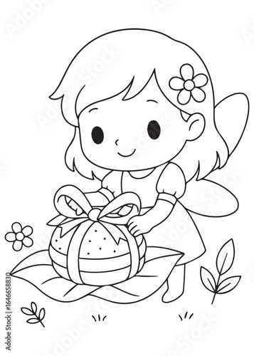 Coloring book page of a fairy wrapping a watermelon gift with ribbon
