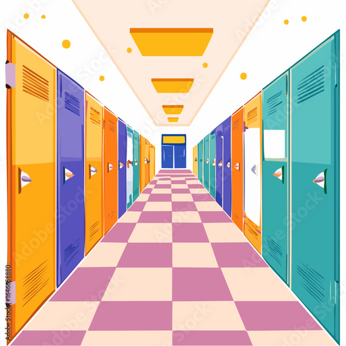 Nostalgic 90s school corridor with lockers, colourful posters, and tiled floors