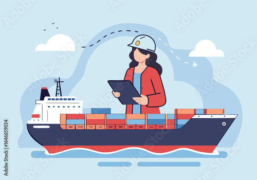 A professional woman oversees global shipping logistics with a tablet aboard a cargo ship. Modern illustration, vibrant colors, and a dynamic composition convey efficiency and connectivity.

