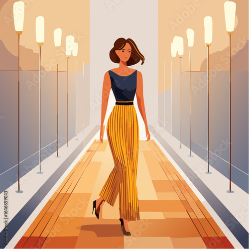 70s fashion show runway with bold prints, flares, and warm retro style lighting